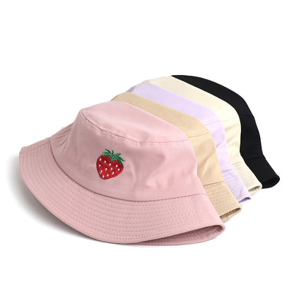 Korean Style Embroidered Strawberry Fisherman Hat