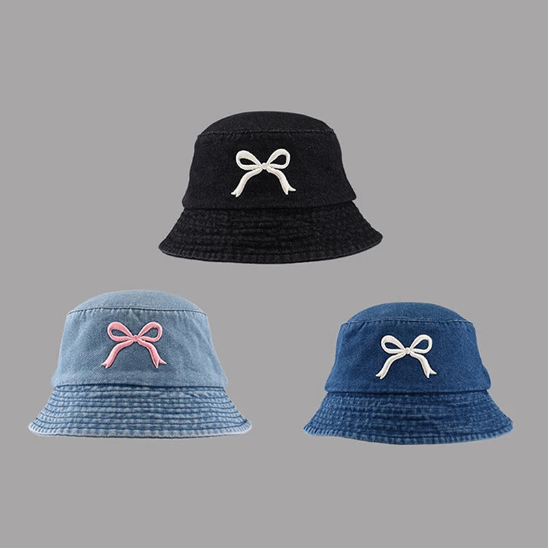 Butterfly Embroidery Cotton Denim Summer Bucket Hat