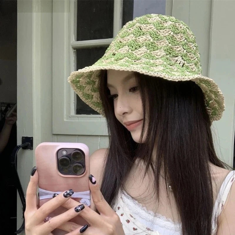 Korean Color Matching Hollow Straw Bucket Hat