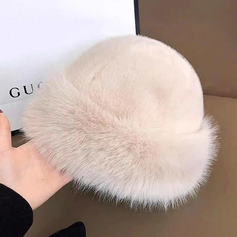 Designer Faux Fur Winter Bucket Hat Women Plush Fisherman Cap