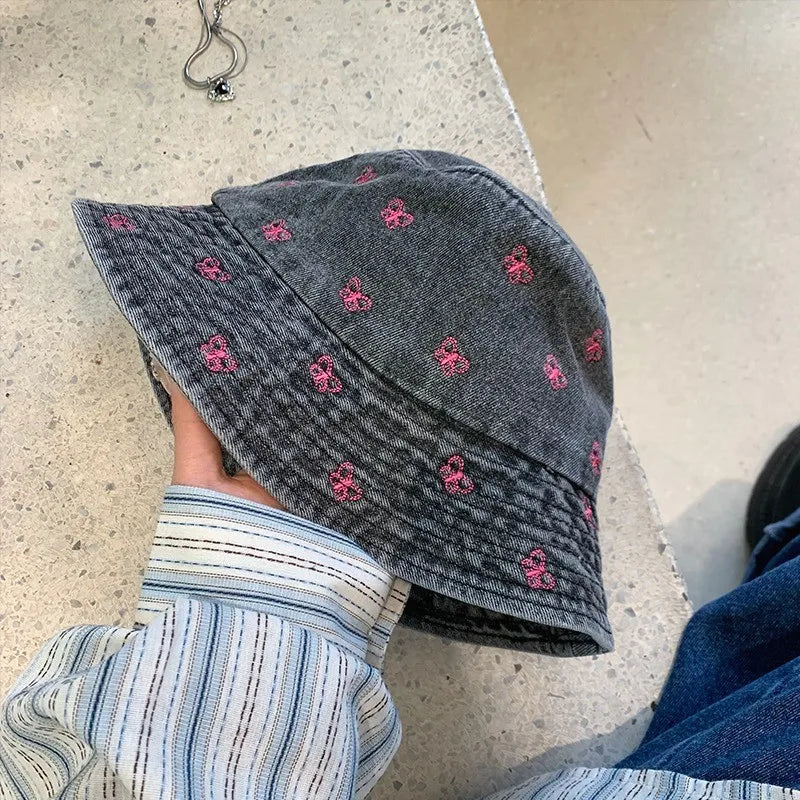Pink Butterfly Embroidery Washed Denim Summer Bucket Hat