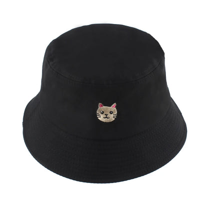 Summer Cat Embroidered Cotton Bucket Hat