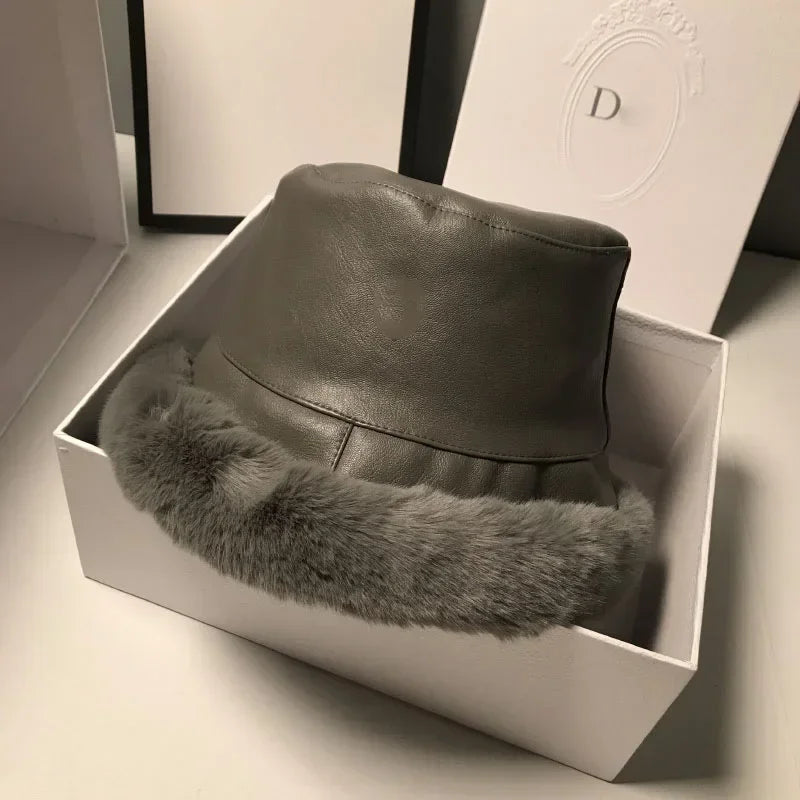 MAXSITI Faux Leather Fur Bucket Hat