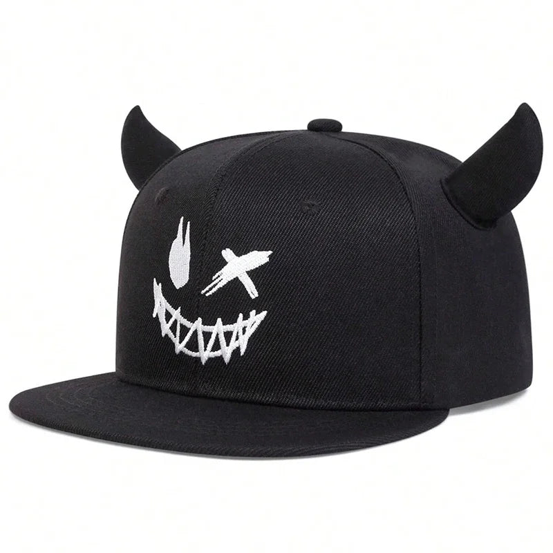 Unisex Smiling Face And Cow Horn Personality Hip-hop Hats