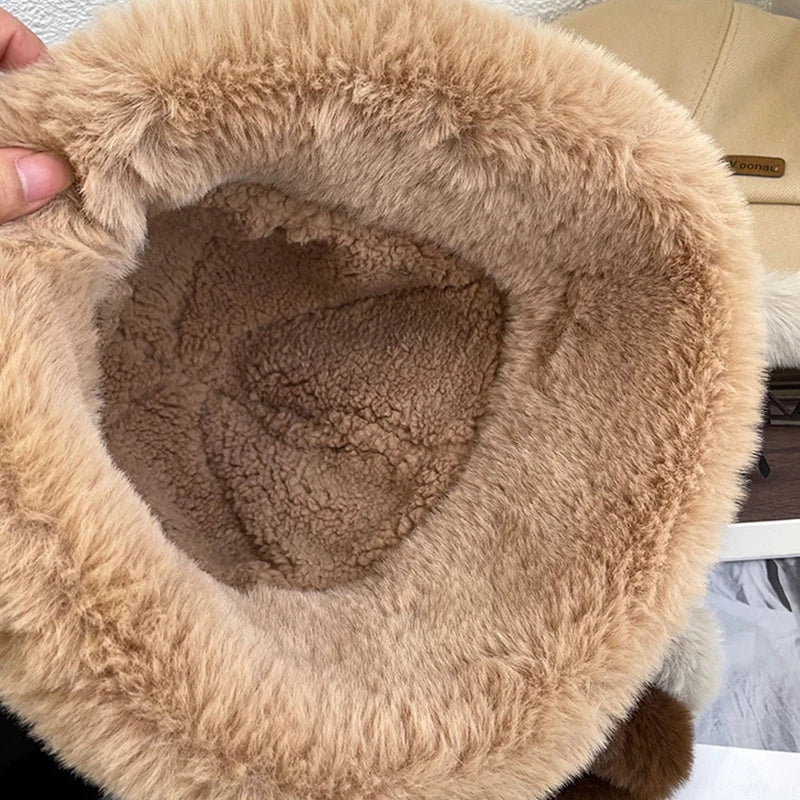 Fluffy Fur Bucket Hat Women Winter