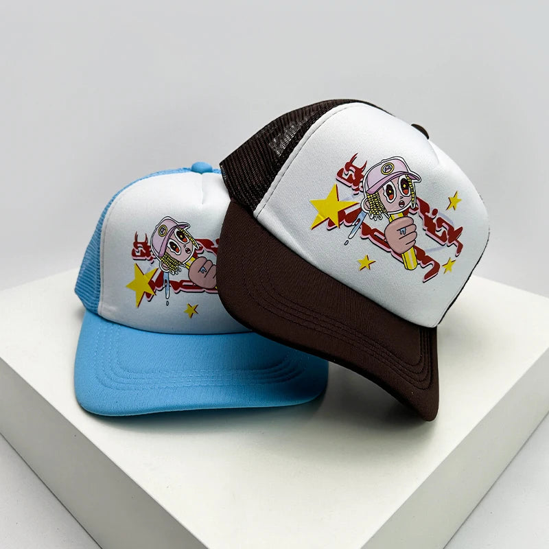 American Anime Letter Half Mesh Baseball Cap