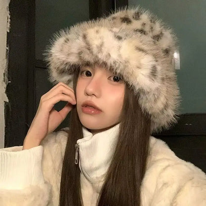 Leopard Print Plush Warm Bucket Hat