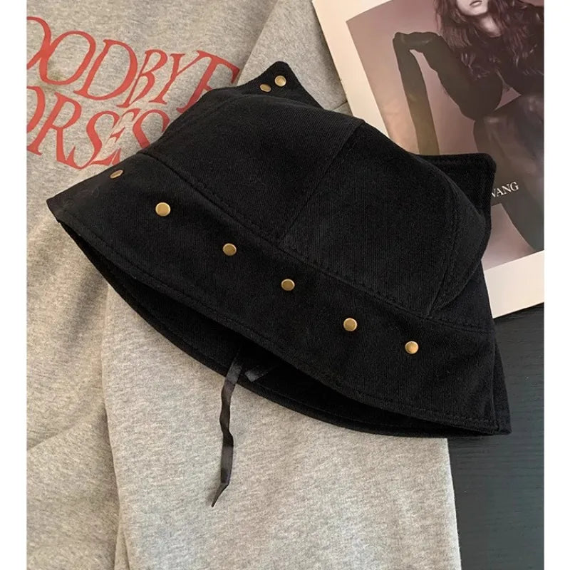 Women Cat Ear Rivet Bucket Hat