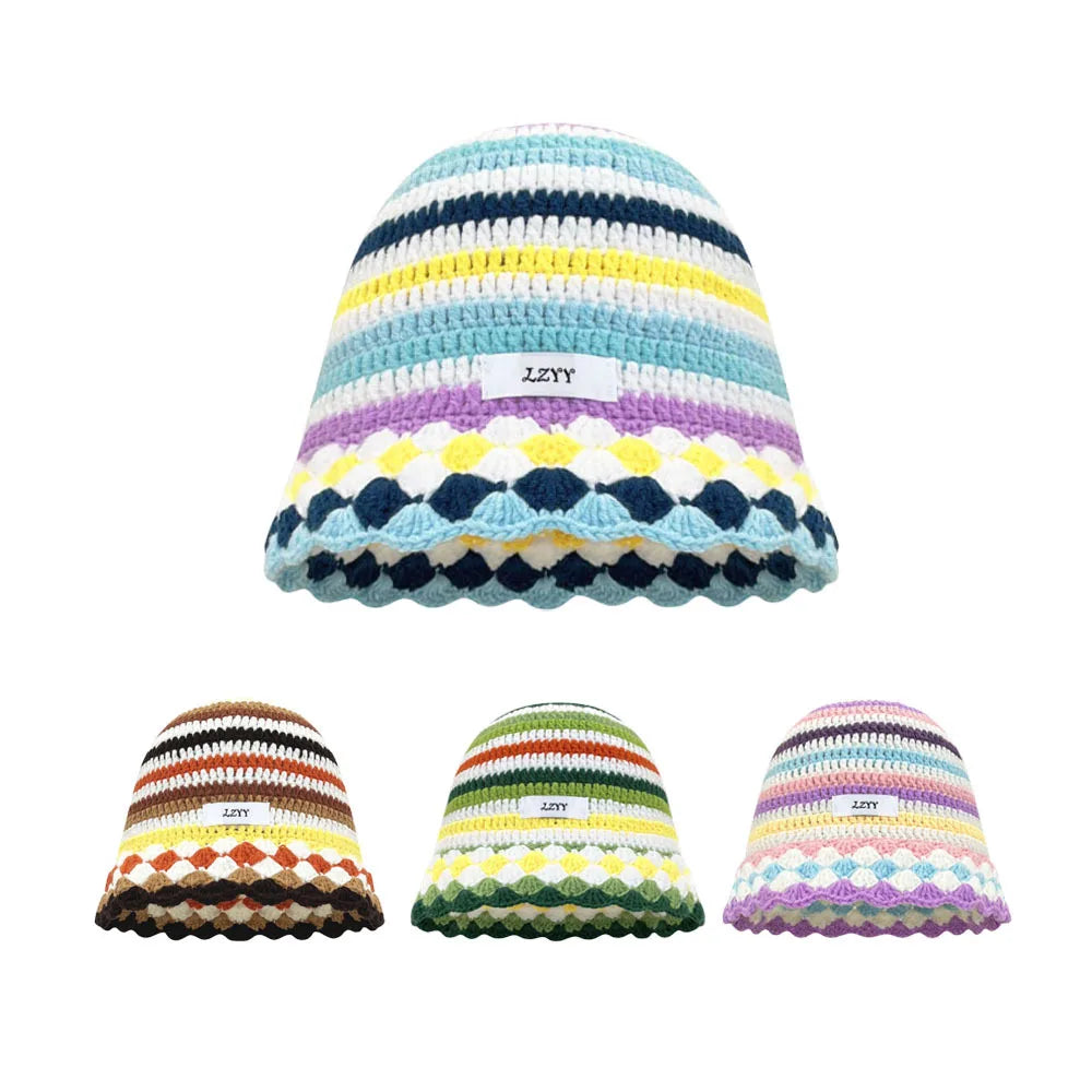 Korean Color Block Striped Knitted Fisherman Bucket Hat