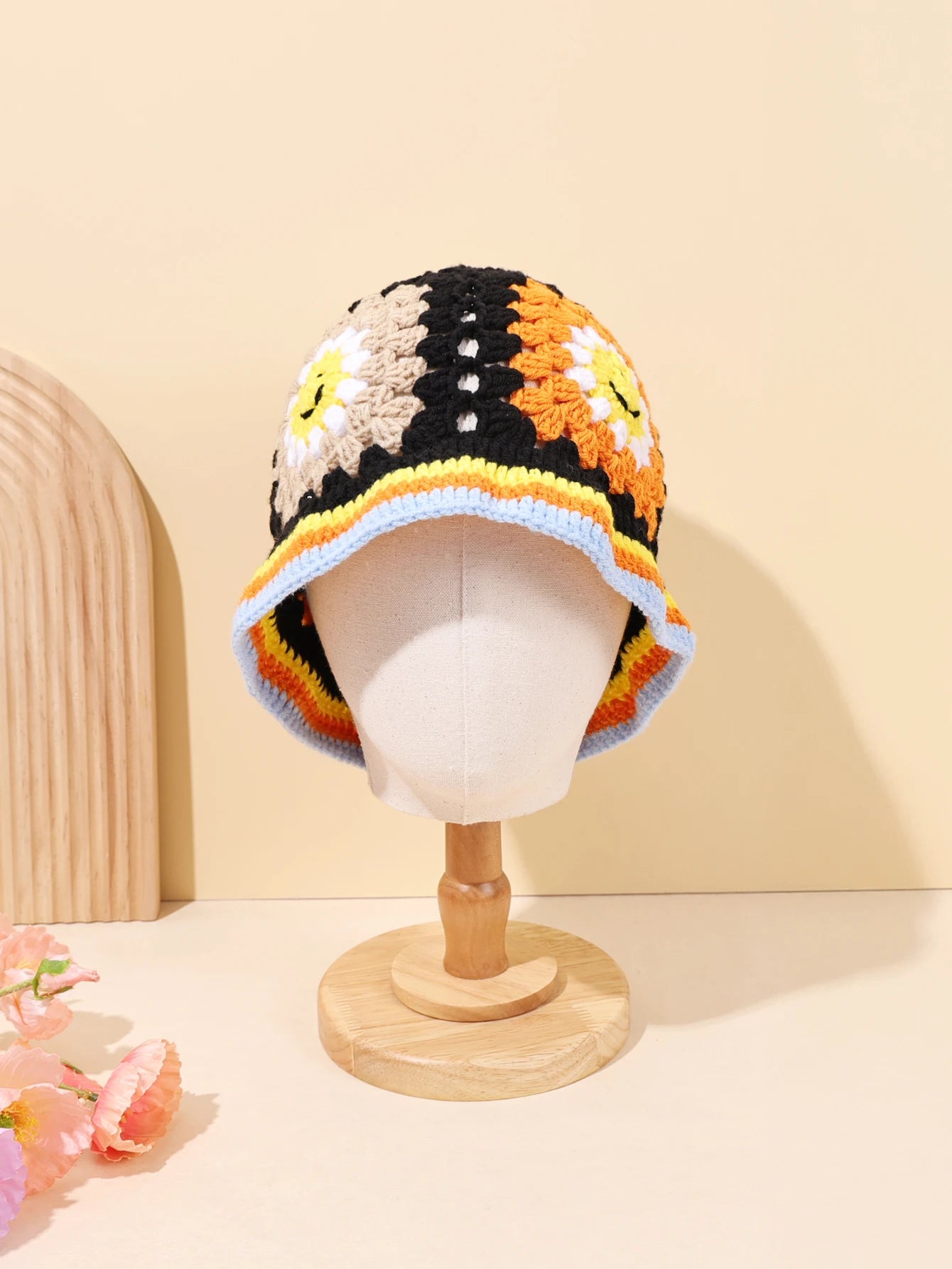 Vintage Smiley Face Patch Crochet Bucket Hat