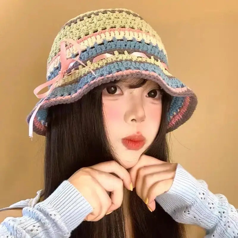 Bow Colored Knitted Hollow Travel Woolen Bucket Hat