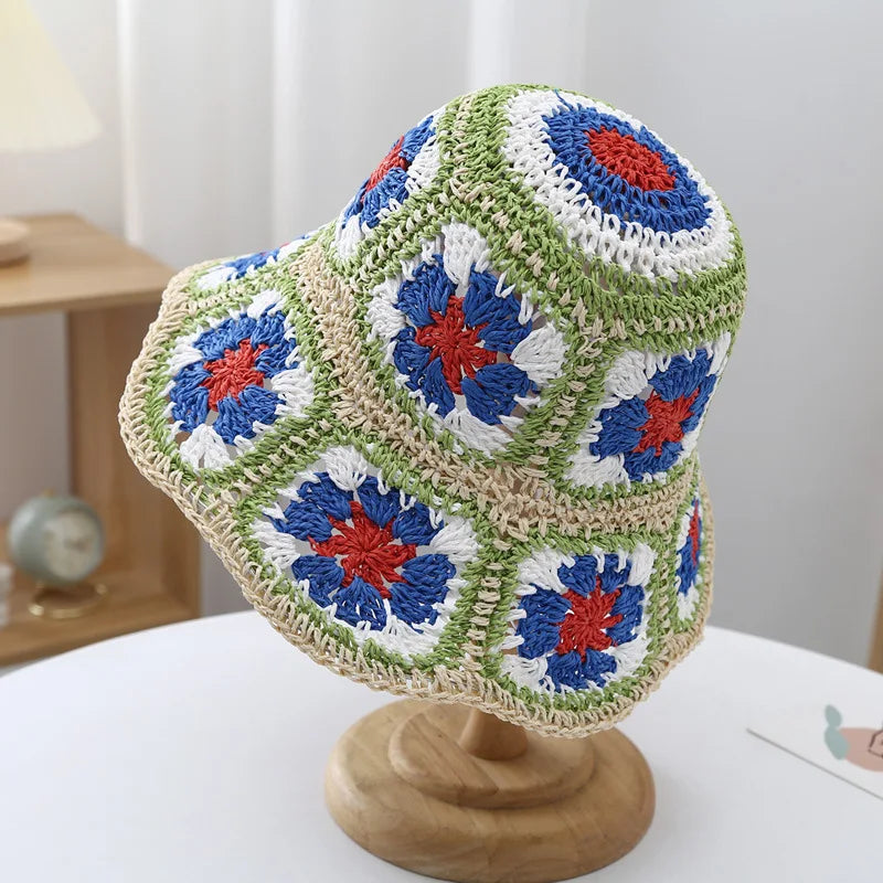 Japan Korea Crochet Straw Flower Bucket Hat