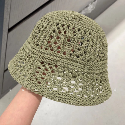 Niche Design Solid Color Hollow Knitted Bucket Hat