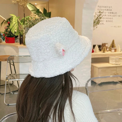 Vintage Winter Sheep Ear Plush Bucket Hat Women Warm Fisherman Cap