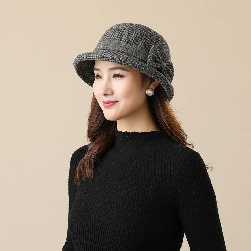 Women Houndstooth Bow Bucket Hat