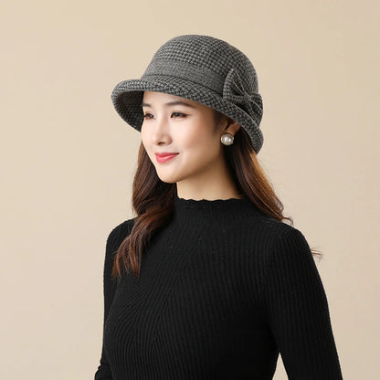 Women Houndstooth Bow Bucket Hat
