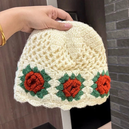 Korean Handmade Crochet Flower Warm Winter Bucket Hat