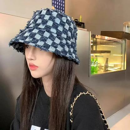 Korean Plaid Denim Sun Bucket Hat