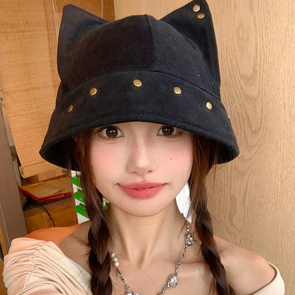 Women Cat Ear Rivet Bucket Hat