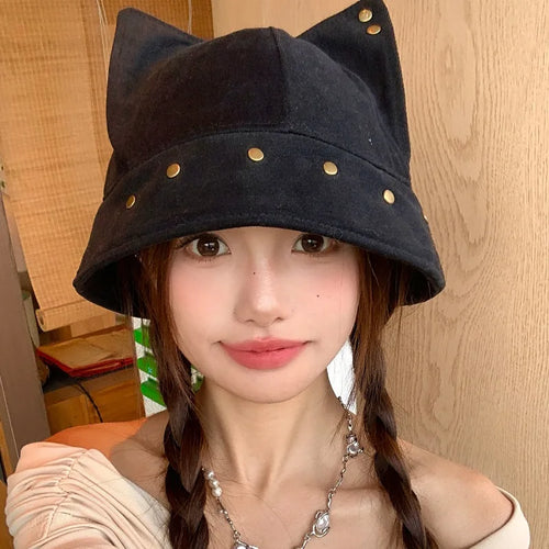 Women Cat Ear Rivet Bucket Hat