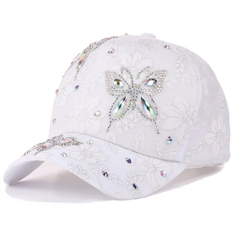 Women Flower Butterfly Rhinestone Lace Baseball Cap