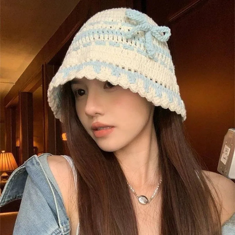 Korean Sweet Bow Hand-woven Knitted Bucket Hat