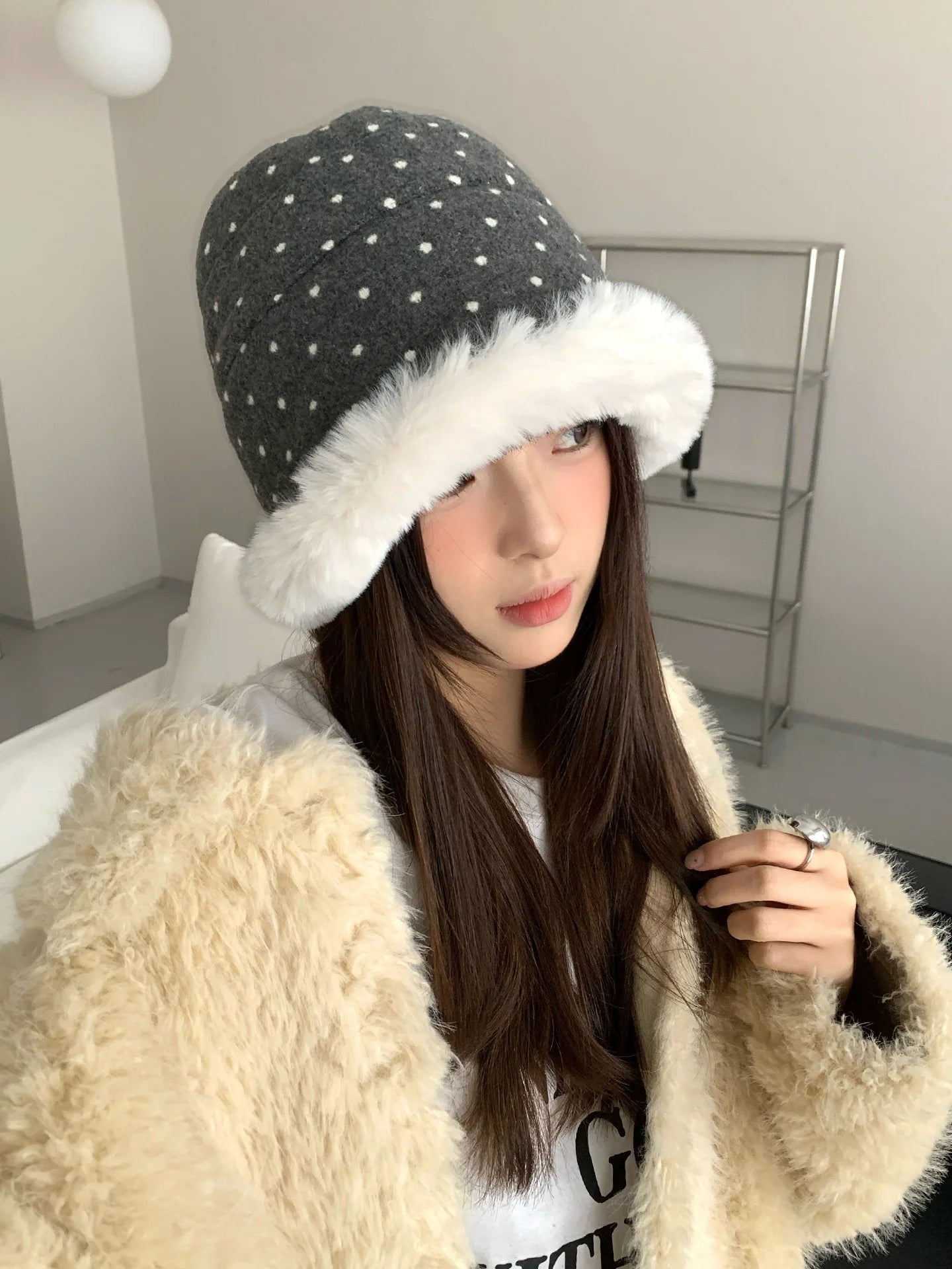 Winter Polka Dot Plush Bucket Hat