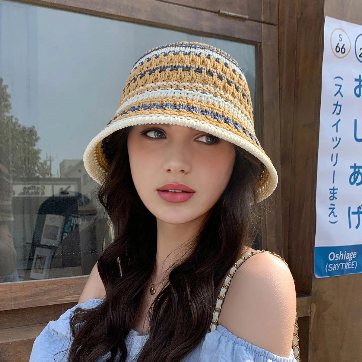 Womens Colorful Striped Knitted Travel Bucket Hat
