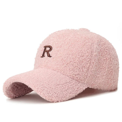 R Letter Embroidered Teddy Fleece Baseball Hat