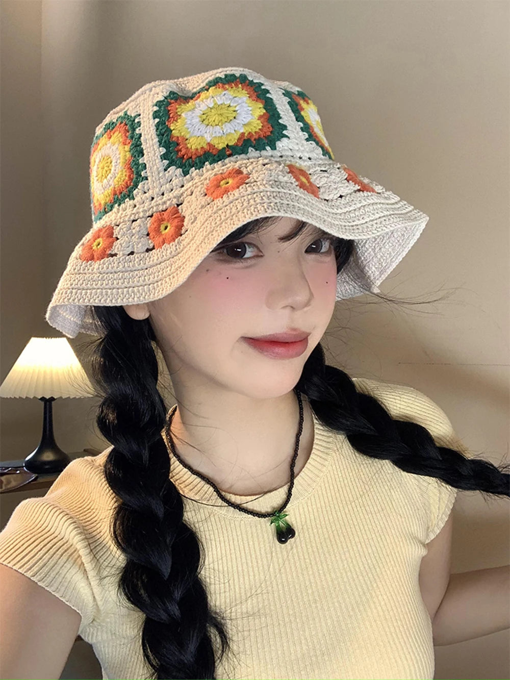 Colorful Handmade Flower Plush Knitted Bucket Hat