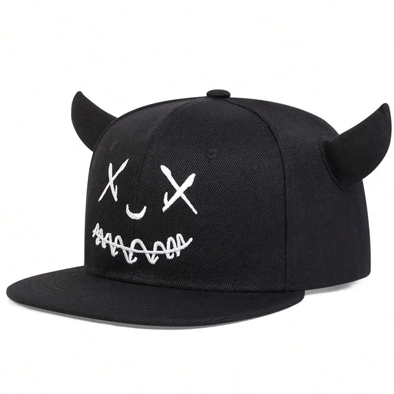 Unisex Smiling Face And Cow Horn Personality Hip-hop Hats