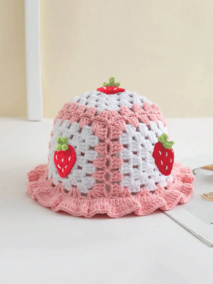 Bohemian Strawberry Crochet Ruffled Edge Bucket Hat