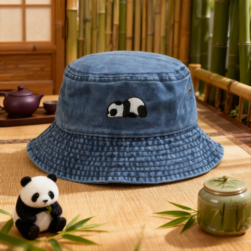 Washed Cotton Panda Embroidery Vintage Bucket Hat