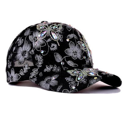 Women Flower Butterfly Rhinestone Lace Baseball Cap