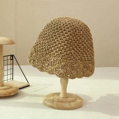 Women Retro Handmade Straw Travel Beach Bucket Hat