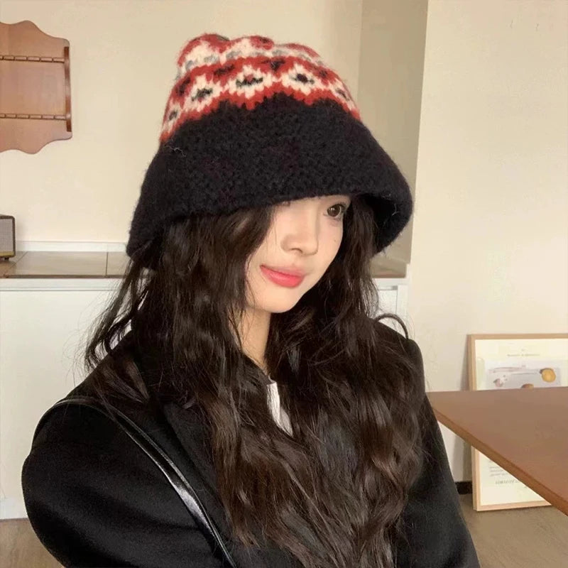 Retro Jacquard Knitted Korean Warm Women Bucket Hat