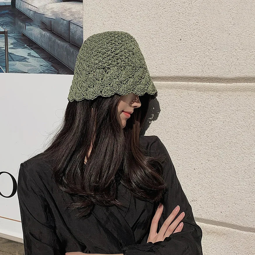 Women Retro Handmade Straw Travel Beach Bucket Hat