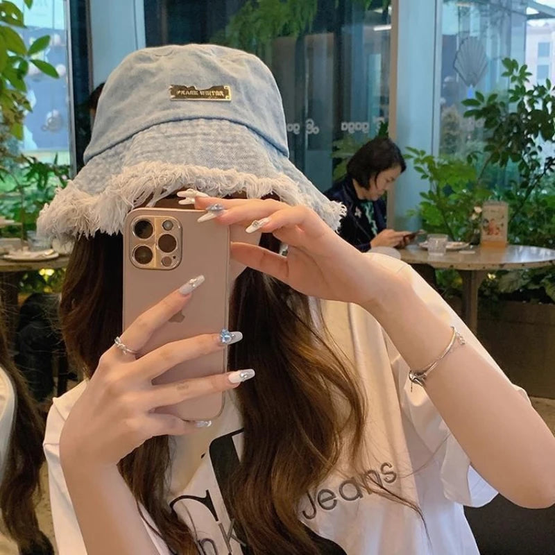 Korean Fringed Washed Denim Bucket Hat