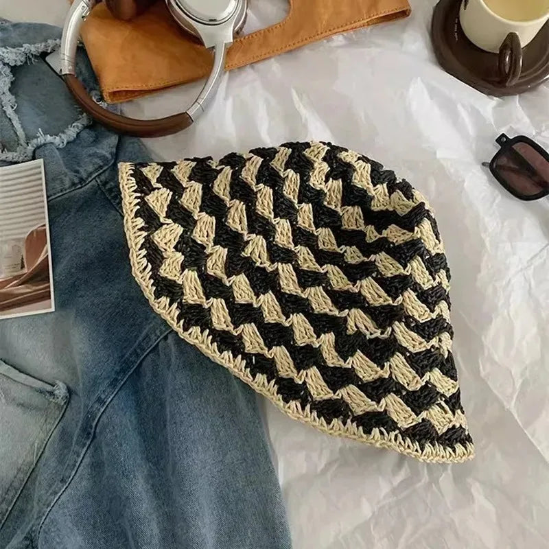Korean Color Matching Hollow Straw Bucket Hat