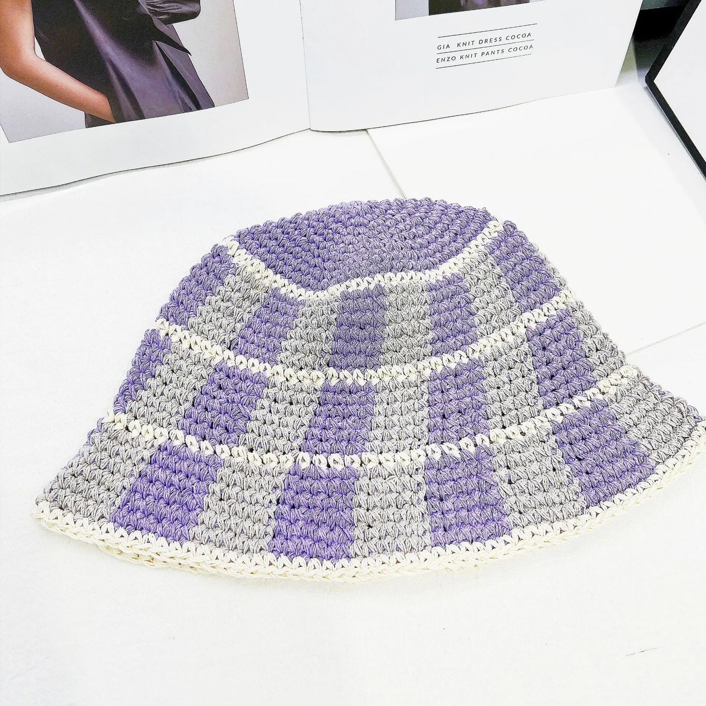 Japanese Korean Color Contrast Plaid Bucket Hat