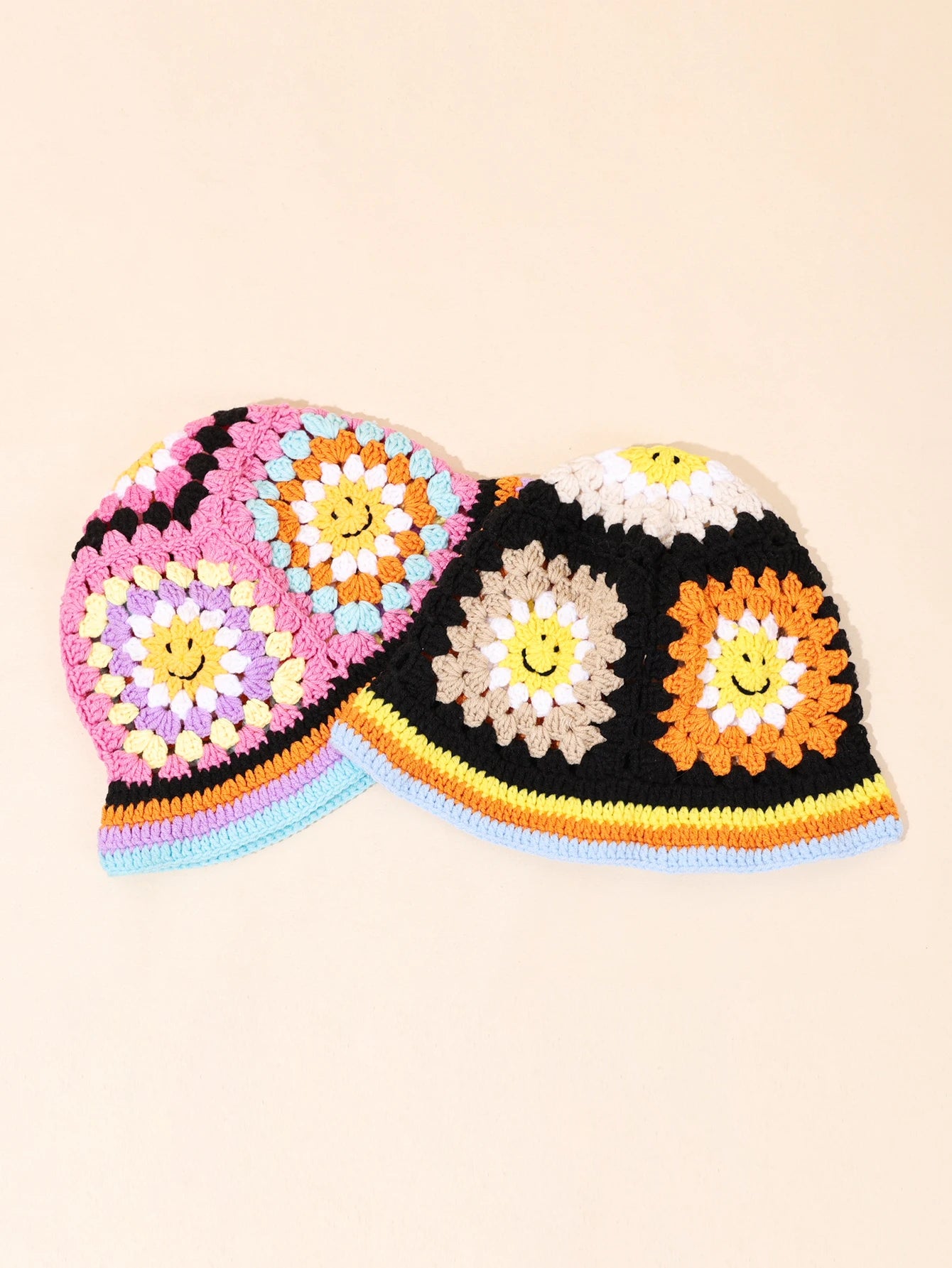 Vintage Smiley Face Patch Crochet Bucket Hat