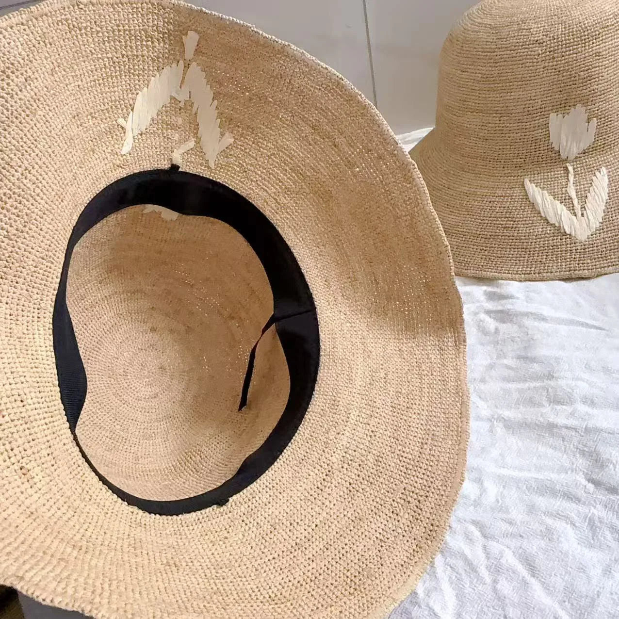 Natural Raffia Woven Wide Brim Bucket Hat