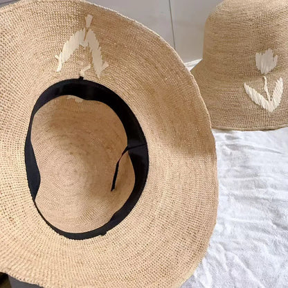 Natural Raffia Woven Wide Brim Bucket Hat