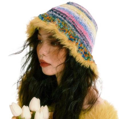 Rainbow Stripe Ruffle Edge Knitted Bucket Hat