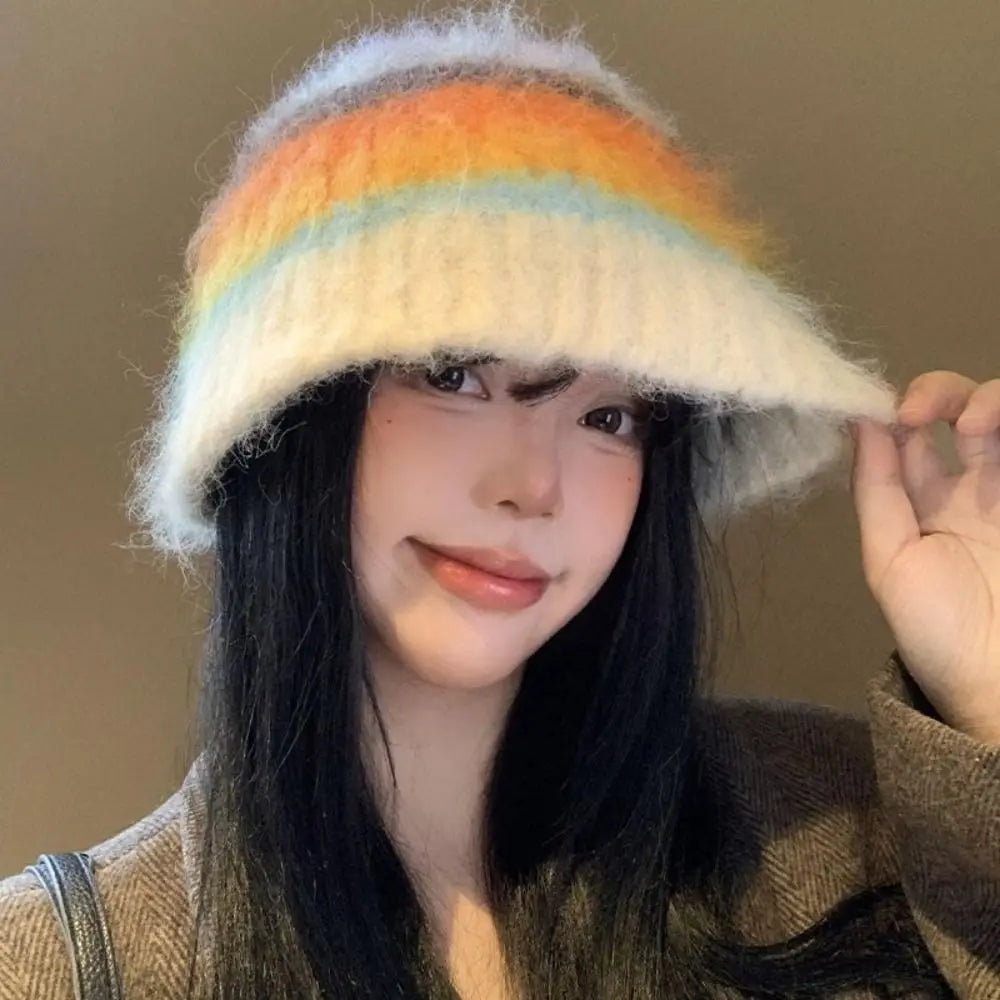 Korean Y2k Striped Woolen Warm Bucket Hat