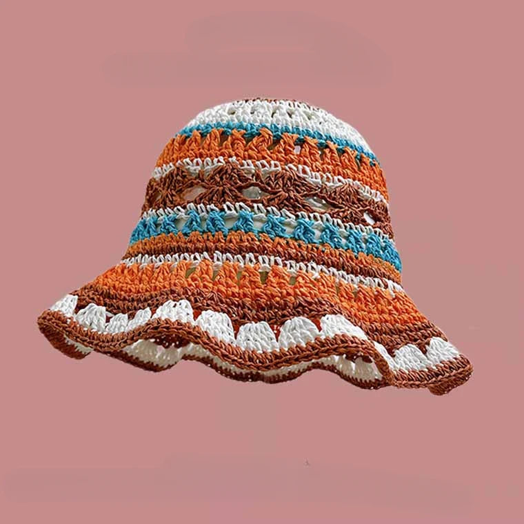 Seaside Colorful Striped Hollow Straw Bucket Hat