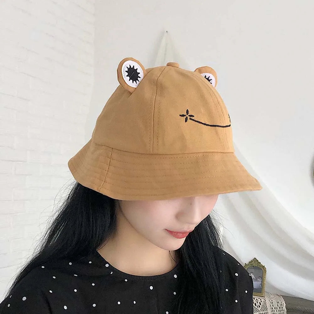 Cute Frog Embroidery Cotton Bucket Hat
