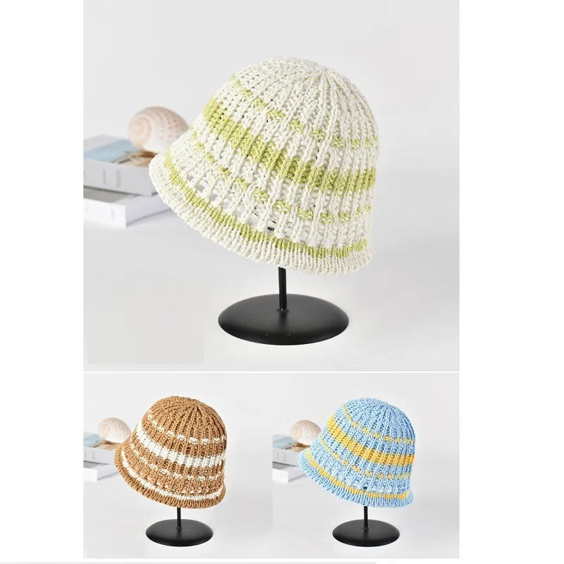 New Summer Color Knitted Basin Straw Bucket Hat