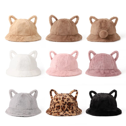 Cat Ear Plush Leopard Bucket Hat