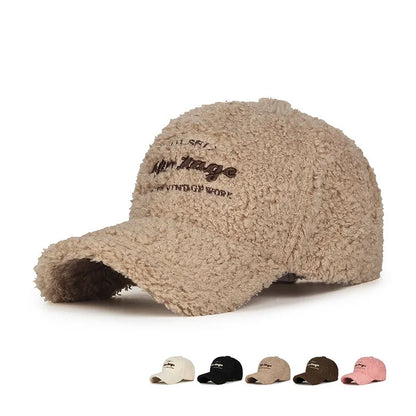 Lamb Plush Warm Embroidered Letter Baseball Hat